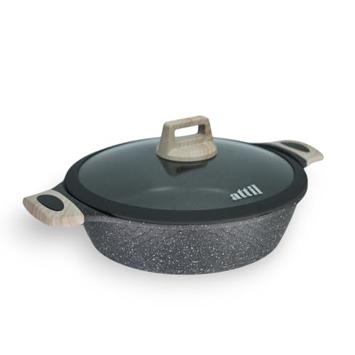 ATTIL - 28 cm - Non Stick Deep Fry Pan with Glass Lid - Induction Base - Granite Cookware Deep Frying Pan 3.75Ltr, Granite Finish - Grey - Image 5