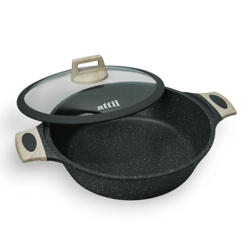 ATTIL - 28 cm - Non Stick Deep Fry Pan with Glass Lid - Induction Base - Granite Cookware Deep Frying Pan 3.75Ltr, Granite Finish - Grey - Image 4