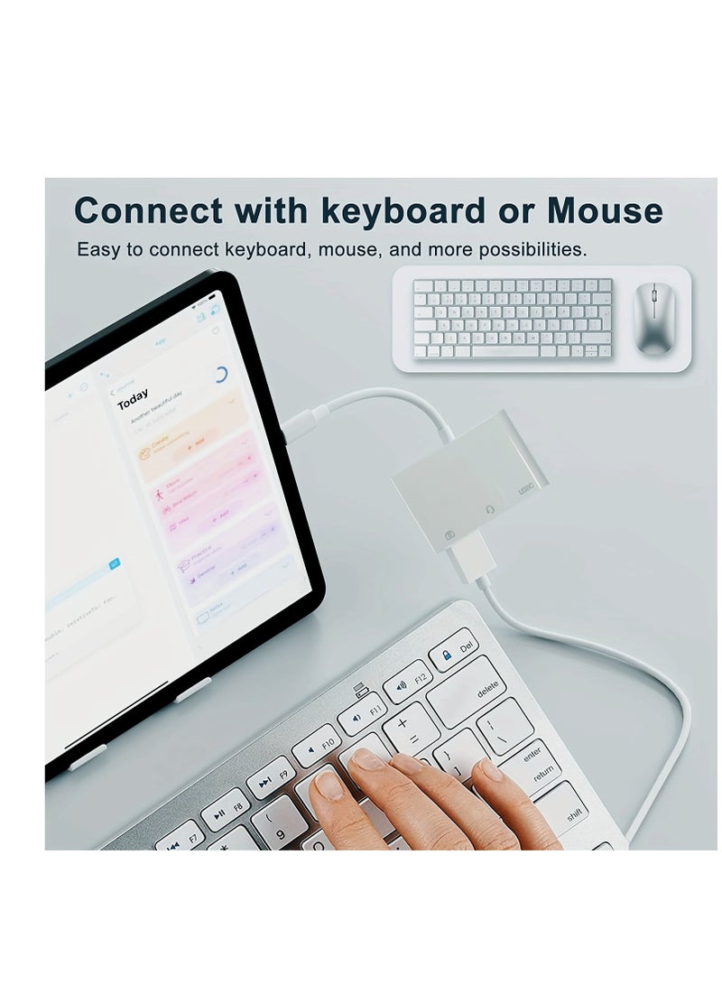 3 in 1 USB Female OTG Adapter with Charging and 3.5mm Headphone Audio Jack Splitter for iPhone/iPad,Support USB Flash Drive,MIDI Keyboard - Image 3