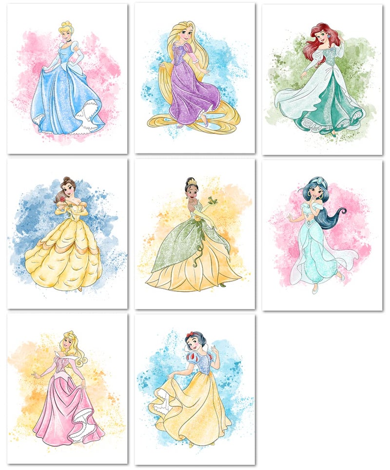 Nistio Princess Nursery Wall Art Prints, Ariel Nursery Poster, Newborn Gift, Cinderella Baby Room Decor For Girls, Princess Cinderella, Rapunzel, Ariel, Belle, Tiana, Jasmine, Set of 8 Prints, 8x10 - Image 1