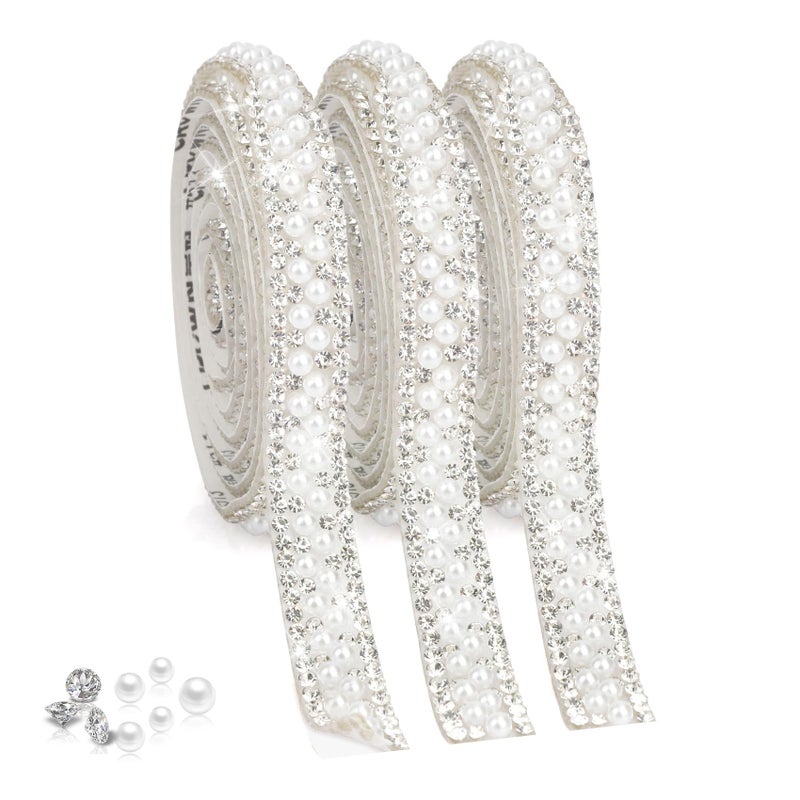 Slergut Pearl Ribbon Self Adhesive Pearl Rhinestone Ribbon 3 Roll Crystal Pearl Strips Pearl Sticker Rhinestone Strips Tape Bling Diamond Pearl Trim for Crafts DIY Phone Wedding Birthday Party Decor (3 Yard) - Image 1