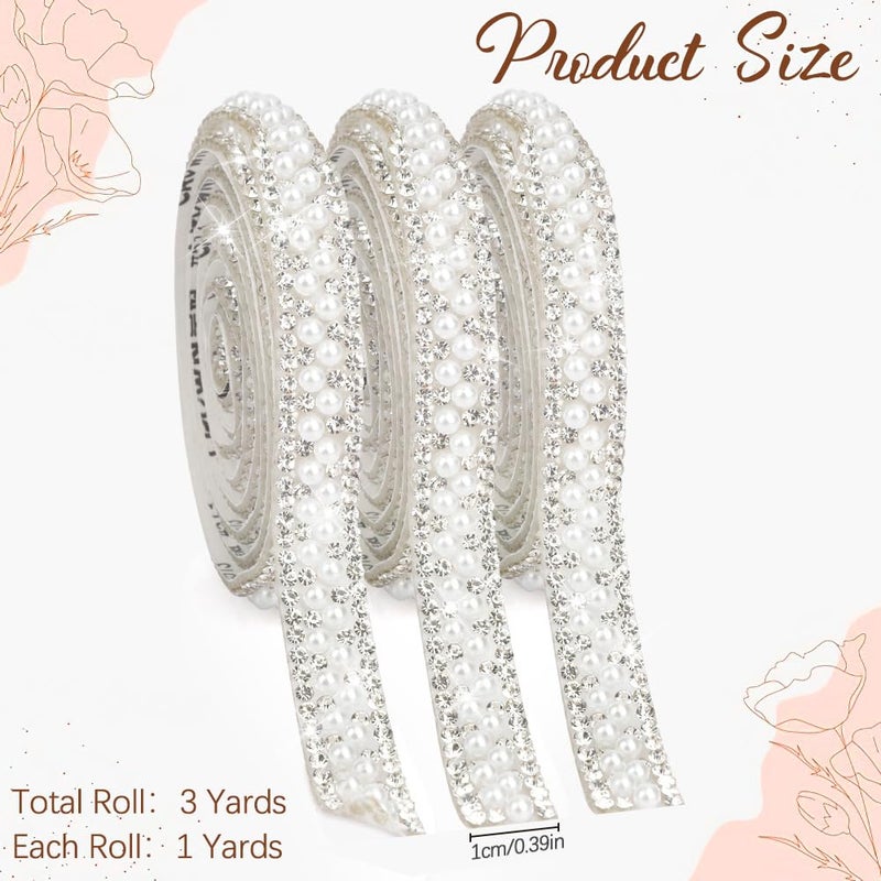 Slergut Pearl Ribbon Self Adhesive Pearl Rhinestone Ribbon 3 Roll Crystal Pearl Strips Pearl Sticker Rhinestone Strips Tape Bling Diamond Pearl Trim for Crafts DIY Phone Wedding Birthday Party Decor (3 Yard) - Image 4