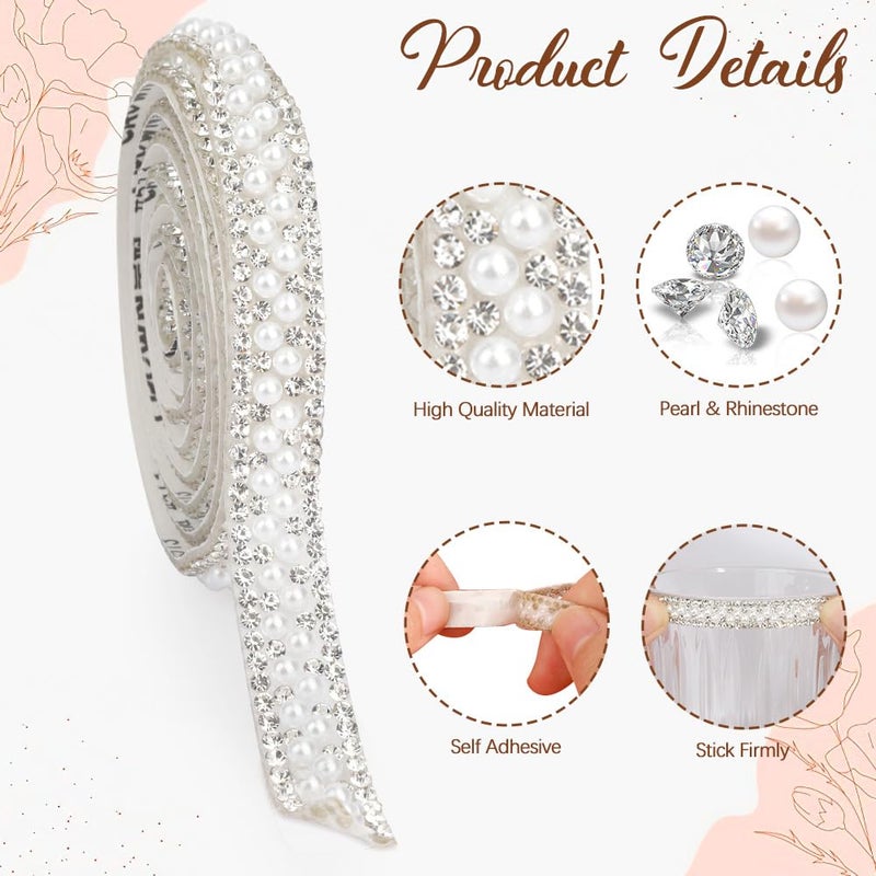 Slergut Pearl Ribbon Self Adhesive Pearl Rhinestone Ribbon 3 Roll Crystal Pearl Strips Pearl Sticker Rhinestone Strips Tape Bling Diamond Pearl Trim for Crafts DIY Phone Wedding Birthday Party Decor (3 Yard) - Image 3