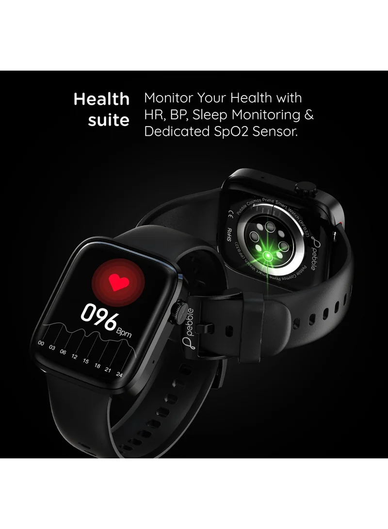 Pebble Cosmos Prime 1.91" Smartwatch for Men and Women, 600 Nits Brightness, Bluetooth Calling, Wireless Charging, Health Suite - Jet Black