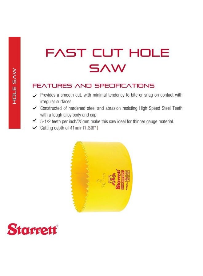 Starrett Bi-Metal Fast Cut Straight Pitch Hole Saw with Abrasion Resistant HSS Teeth - Ideal for Cutting Metal, Steel, and Wood - 3" (76MM) Diameter, 1-5/8" (41mm) Depth - FCH0300-G - Image 2