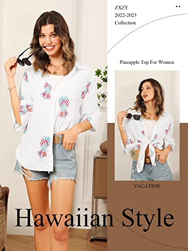 ZXZY Women Pineapple Printed Lapel Collar Half Sleeves Buttons Down Blouse Shirt (O-White, X-Large) - Image 2