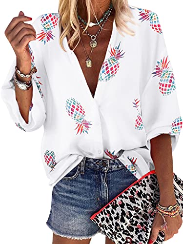 ZXZY Women Pineapple Printed Lapel Collar Half Sleeves Buttons Down Blouse Shirt (O-White, X-Large) - Image 1