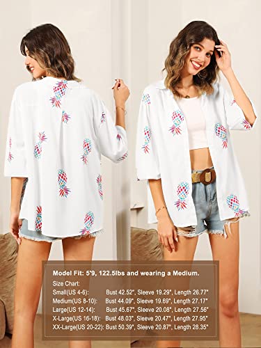 ZXZY Women Pineapple Printed Lapel Collar Half Sleeves Buttons Down Blouse Shirt (O-White, X-Large) - Image 3