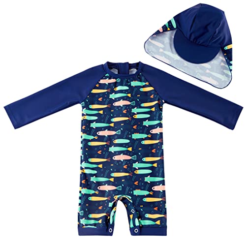 UMELOK Infant Boy UPF 50 Sun Protection One Piece Rashguard Swimsuit with Hat Colorful Fish 36 Months - Image 1