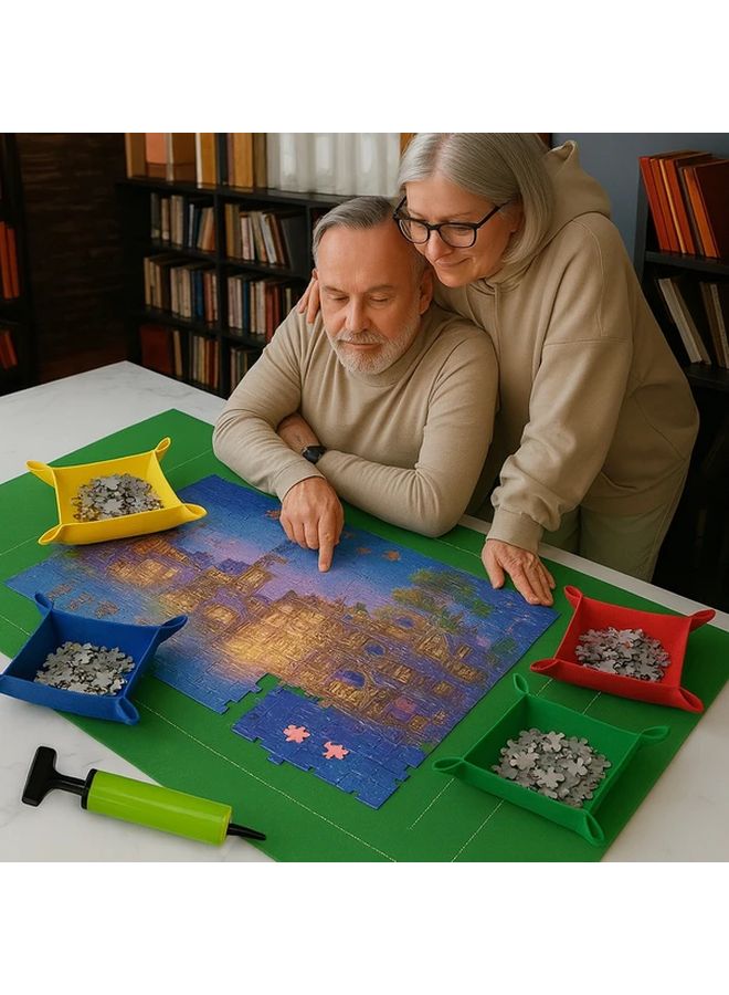 Green Portable Felt Jigsaw Puzzle Mat Roll With 4 Trays Storage Bag Holds 1500 Pieces - Image 2