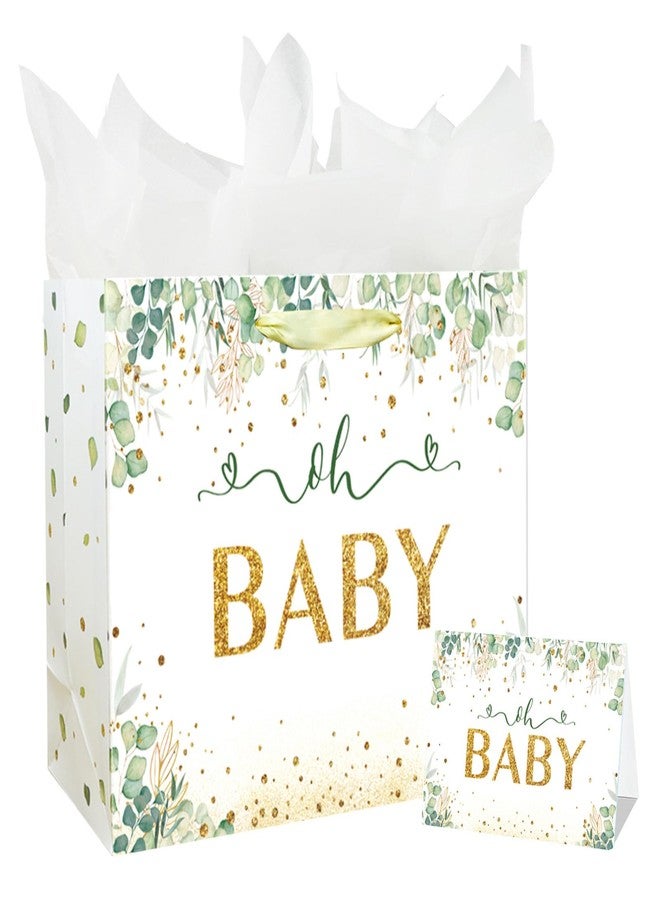Laidans 13" Large Baby Boy Girl Gift Bag for Baby Shower or Birthday with Handle, Tissue Paper and Greeting Card (13" Green) - Image 1