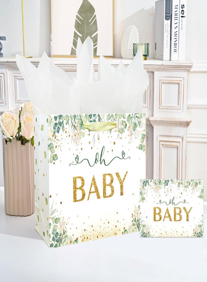 Laidans 13" Large Baby Boy Girl Gift Bag for Baby Shower or Birthday with Handle, Tissue Paper and Greeting Card (13" Green) - Image 5