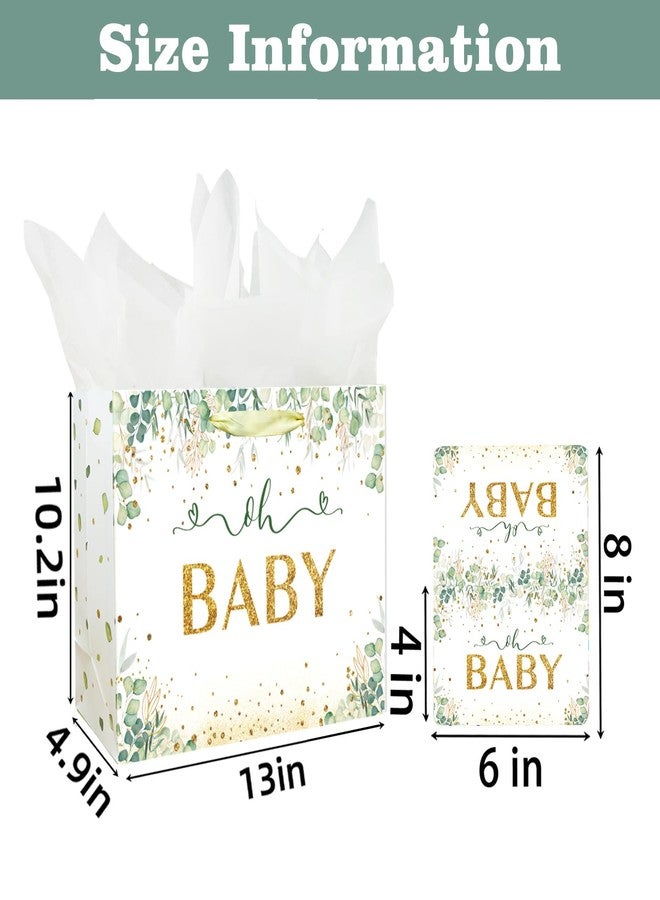 Laidans 13" Large Baby Boy Girl Gift Bag for Baby Shower or Birthday with Handle, Tissue Paper and Greeting Card (13" Green) - Image 2
