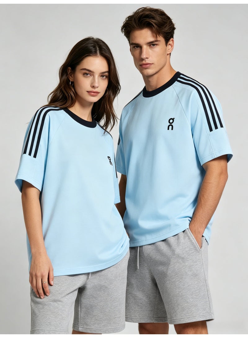 اون راننج On Running Unisex Light Sky Blue Raglan 3 Black Stripe Black Trim Couple T-Shirt - Image 2