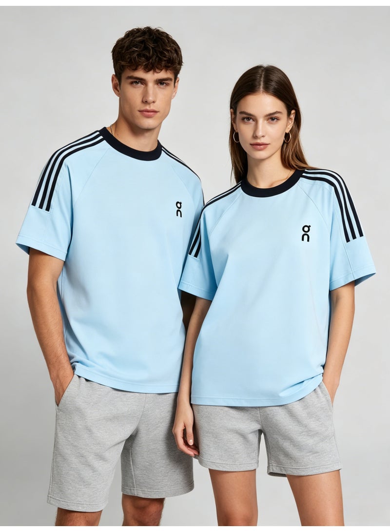 اون راننج On Running Unisex Light Sky Blue Raglan 3 Black Stripe Black Trim Couple T-Shirt - Image 3