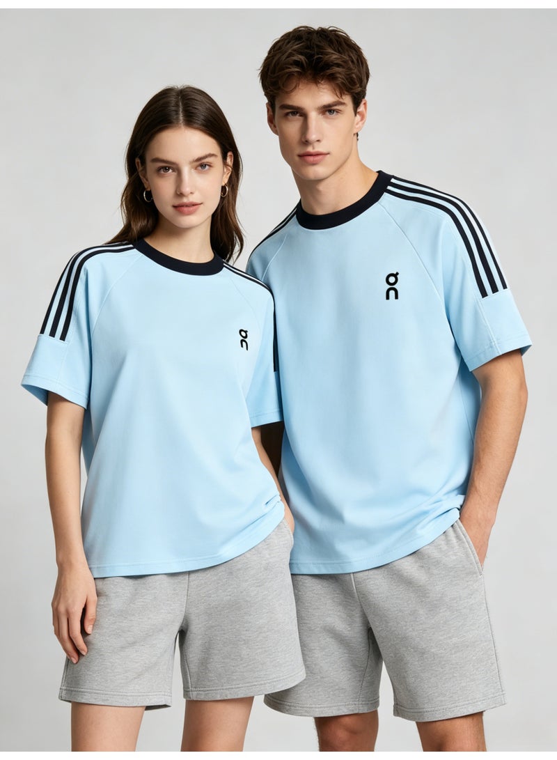 اون راننج On Running Unisex Light Sky Blue Raglan 3 Black Stripe Black Trim Couple T-Shirt - Image 4