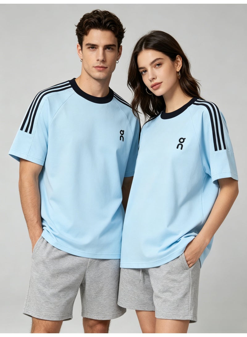 اون راننج On Running Unisex Light Sky Blue Raglan 3 Black Stripe Black Trim Couple T-Shirt - Image 5