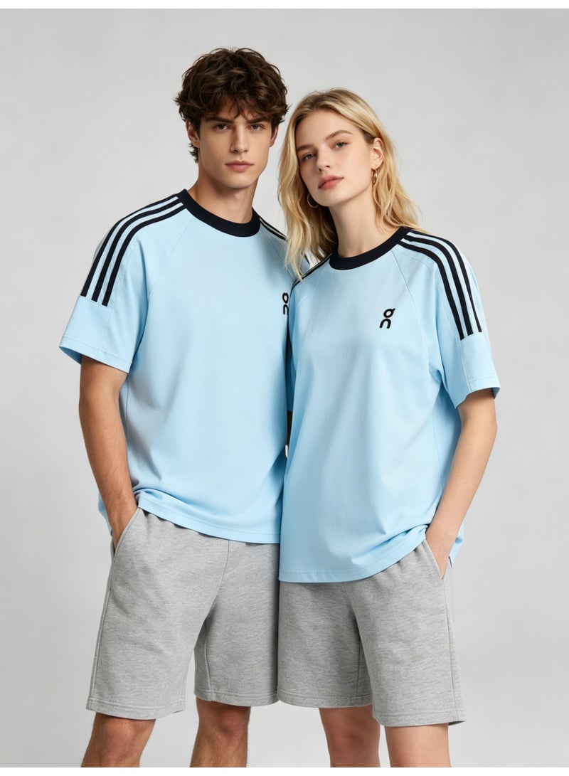 اون راننج On Running Unisex Light Sky Blue Raglan 3 Black Stripe Black Trim Couple T-Shirt - Image 1