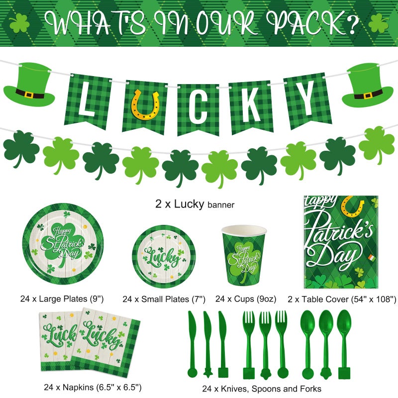 Geyee 172 Pcs St Patricks Day Party Decoration Set Serves 24 Include Happy St Patrick's Day Plates Napkins Tableware Set Shamrock Tablecloth Lucky Banner for Saint Irish Birthday Party Supplies - Image 2