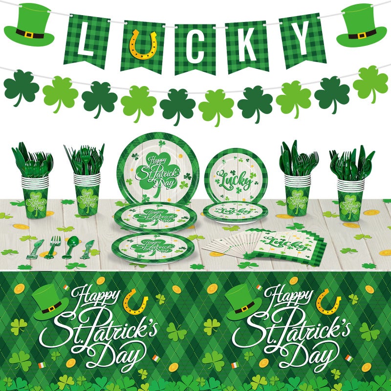 Geyee 172 Pcs St Patricks Day Party Decoration Set Serves 24 Include Happy St Patrick's Day Plates Napkins Tableware Set Shamrock Tablecloth Lucky Banner for Saint Irish Birthday Party Supplies - Image 1