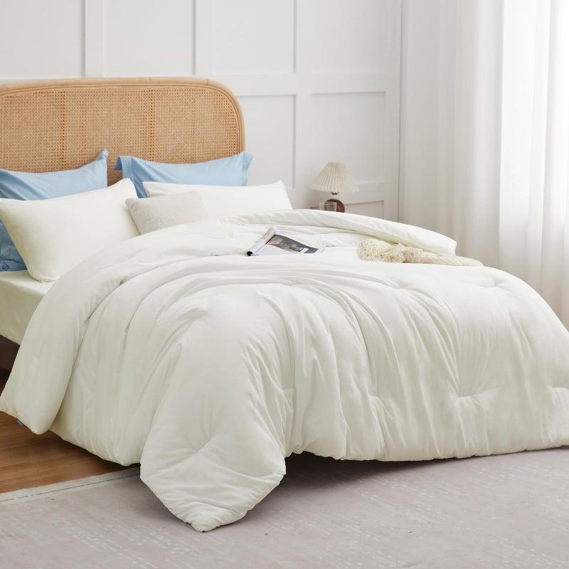 CozyLux King Size Comforter Set Ivory, 3 Pieces Solid Comforters King Size Breathable Quilted Bedding Sets, Luxury Soft Lightweight Bed Set with Down Alternative Comforter and 2 Pillowcases All Season - Image 1