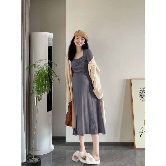 Maternity Hepburn Style High Waist Dress 2024 Autumn-Winter gray quality version 