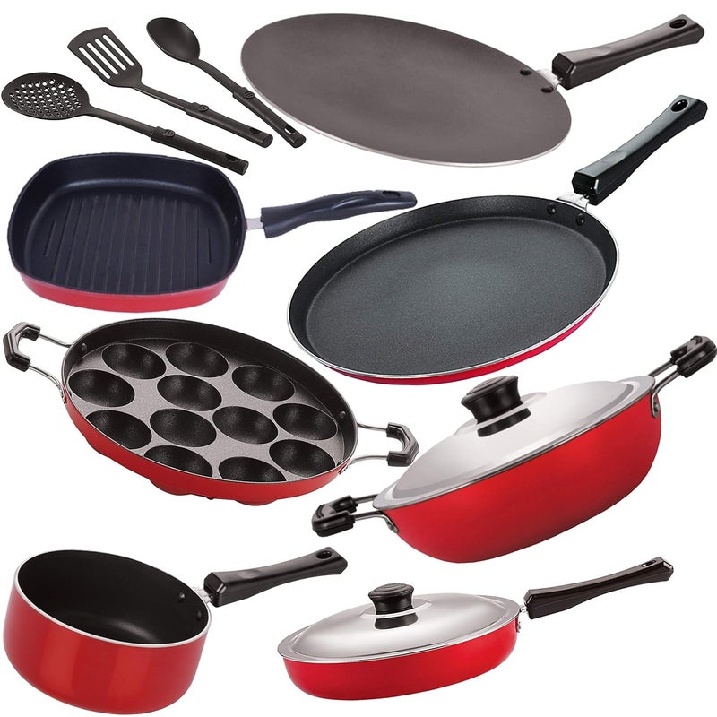 Nirlon Nirlon Non Stick Coated Aluminium Gas Compatible Kitchenware Item Combo Set 10 Pieces FT12_CT12_FP12_DKDM_SPM_AP12_GP22_3SPN  - Image 1