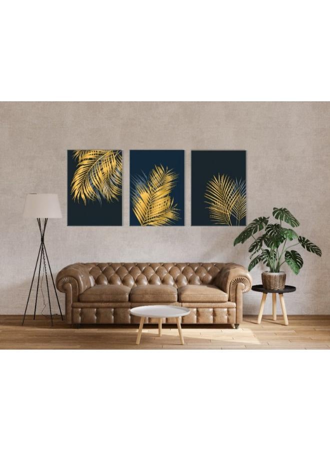 Home Gallery Canvas Wall Art, Abstract Framed Portrait of Golden palm and tropical leaves - Image 3