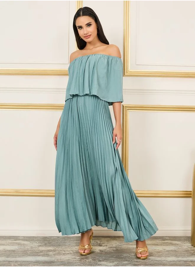 Styli Off Shoulder Pleated A-Line Maxi Dress