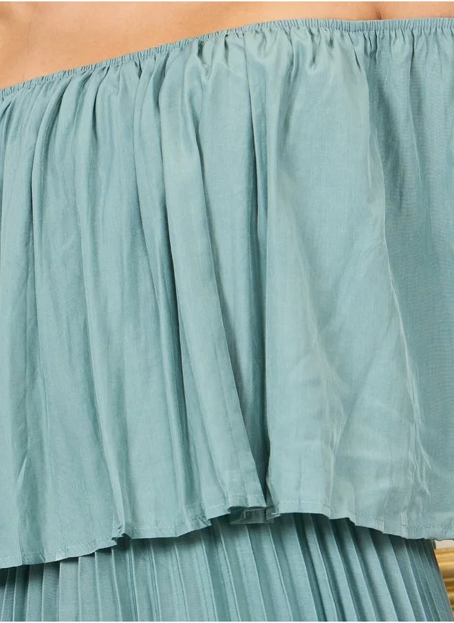 Styli Off Shoulder Pleated A-Line Maxi Dress