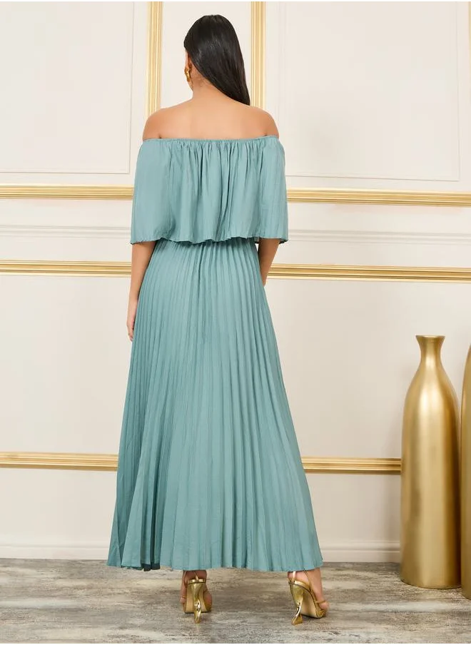 Styli Off Shoulder Pleated A-Line Maxi Dress