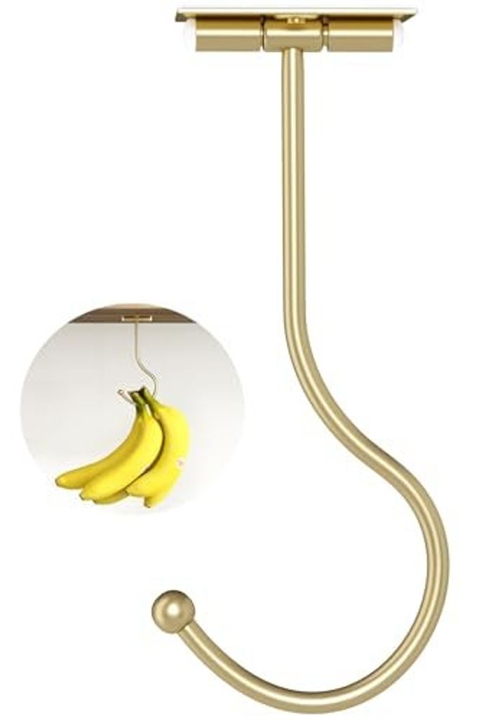 Josmimic Gold Banana Hanger Hook Under Cabinet: Adhesive Banana Holder, Foldable with Magnets When Not in Use, Under Counter Banana Hook, Stainless, Hold 13 LB