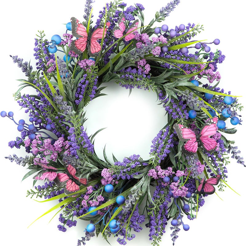 DFRREN Lavender Wreaths for Front Door 18 Inch Spring Summer Wreath with Lavender,Berries, Butterflies,for Year-Round Use Indoors and Outdoors as Wall, Door, Window, Party and Wedding Decorations - Image 1