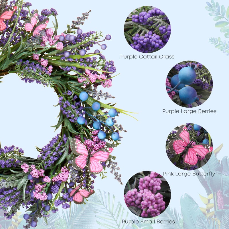 DFRREN Lavender Wreaths for Front Door 18 Inch Spring Summer Wreath with Lavender,Berries, Butterflies,for Year-Round Use Indoors and Outdoors as Wall, Door, Window, Party and Wedding Decorations - Image 2