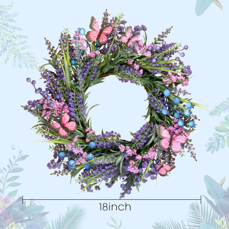DFRREN Lavender Wreaths for Front Door 18 Inch Spring Summer Wreath with Lavender,Berries, Butterflies,for Year-Round Use Indoors and Outdoors as Wall, Door, Window, Party and Wedding Decorations - Image 3