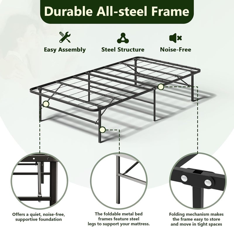 MAKE CHANGES Heavy Duty Twin Bed Frames Foldable, Noise Free Metal Twin Size Bed Frame with 14" Storage, Easy Tool-Free Assembly, No Box Spring Needed,Black - Image 5