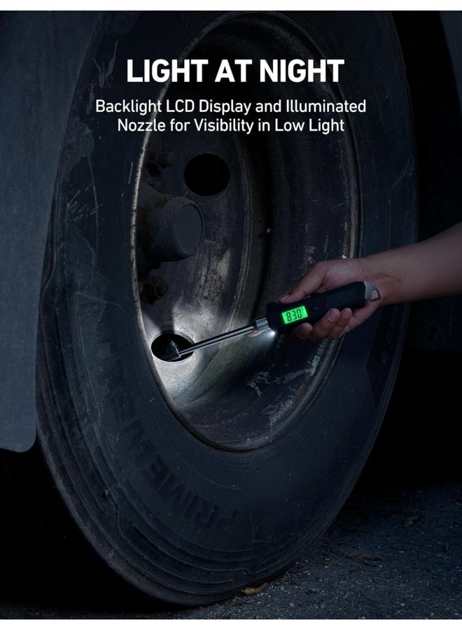 مقياس ضغط الإطارات الرقمي 230 رطل لكل بوصة مربعة للرأس الثقيل مصنوع من الفولاذ المقاوم للصدأ لشاحنات و RV مع شاشة LCD إضاءة خلفية وملحقات سيارات فلاش - Image 4