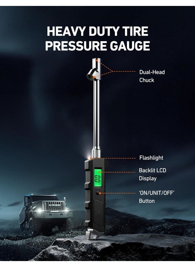 مقياس ضغط الإطارات الرقمي 230 رطل لكل بوصة مربعة للرأس الثقيل مصنوع من الفولاذ المقاوم للصدأ لشاحنات و RV مع شاشة LCD إضاءة خلفية وملحقات سيارات فلاش - Image 2