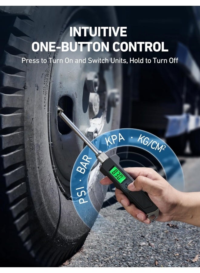 مقياس ضغط الإطارات الرقمي 230 رطل لكل بوصة مربعة للرأس الثقيل مصنوع من الفولاذ المقاوم للصدأ لشاحنات و RV مع شاشة LCD إضاءة خلفية وملحقات سيارات فلاش - Image 3