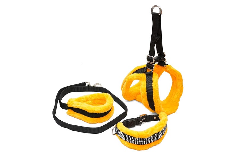 Cooker Nylon Fur Dog Harness & Leash Combo, Adjustable Harness, Soft Fur Padded (Yellow) - Image 1