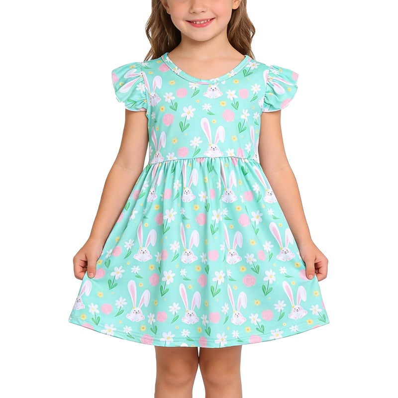 PRCSEE Easter Toddler Girls Dress Bunny Egg Print Dresses Short Sleeve Outfits 5-6Y - Image 1