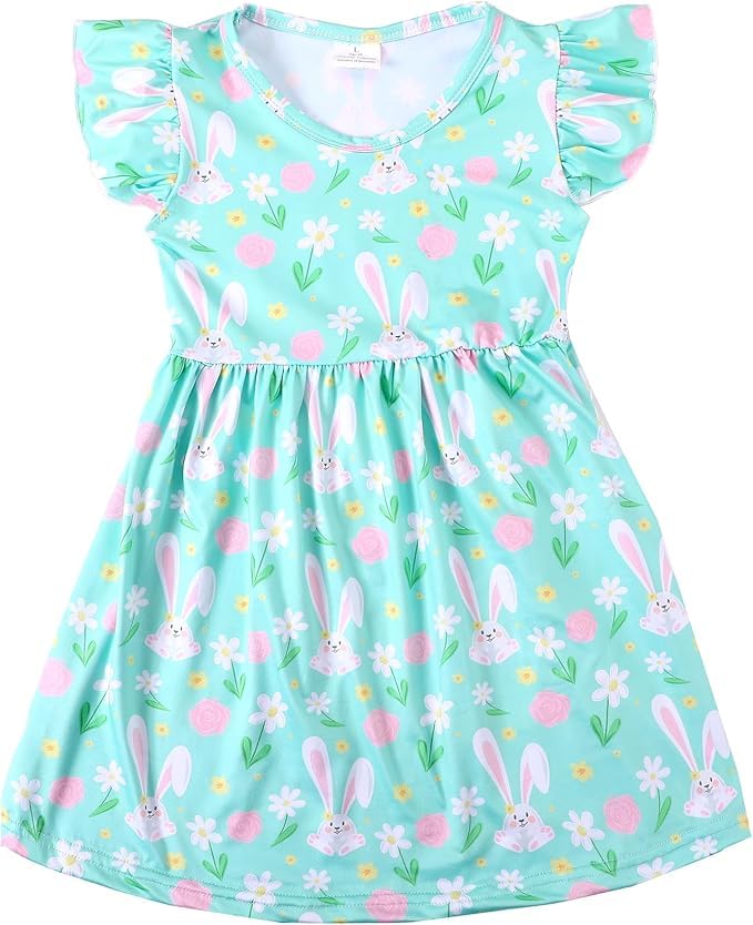 PRCSEE Easter Toddler Girls Dress Bunny Egg Print Dresses Short Sleeve Outfits 5-6Y - Image 2
