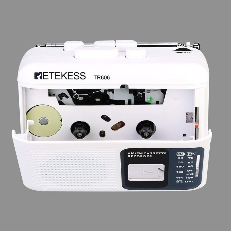 Retekess مشغل أشرطة كاسيت ريتكيس TR606، مسجل مشغل أشرطة كاسيت، مكبر صوت مدمج، مدخل AUX/ميكروفون، يدعم تسجيل خط AUX، راديو AM FM، يعمل بواسطة DC أو بطارية AA (أبيض) - Image 4