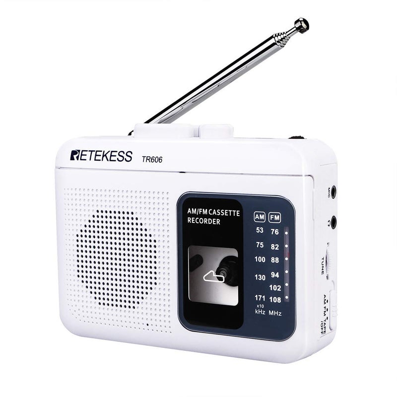 Retekess مشغل أشرطة كاسيت ريتكيس TR606، مسجل مشغل أشرطة كاسيت، مكبر صوت مدمج، مدخل AUX/ميكروفون، يدعم تسجيل خط AUX، راديو AM FM، يعمل بواسطة DC أو بطارية AA (أبيض) - Image 1