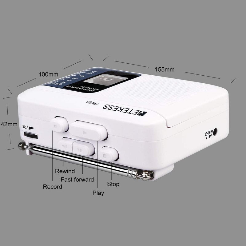 Retekess مشغل أشرطة كاسيت ريتكيس TR606، مسجل مشغل أشرطة كاسيت، مكبر صوت مدمج، مدخل AUX/ميكروفون، يدعم تسجيل خط AUX، راديو AM FM، يعمل بواسطة DC أو بطارية AA (أبيض) - Image 3