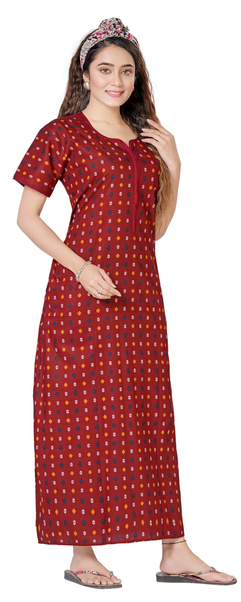 WiWi Women's Cotton Printed Feeding Maternity Nighty Maroon - Image 3