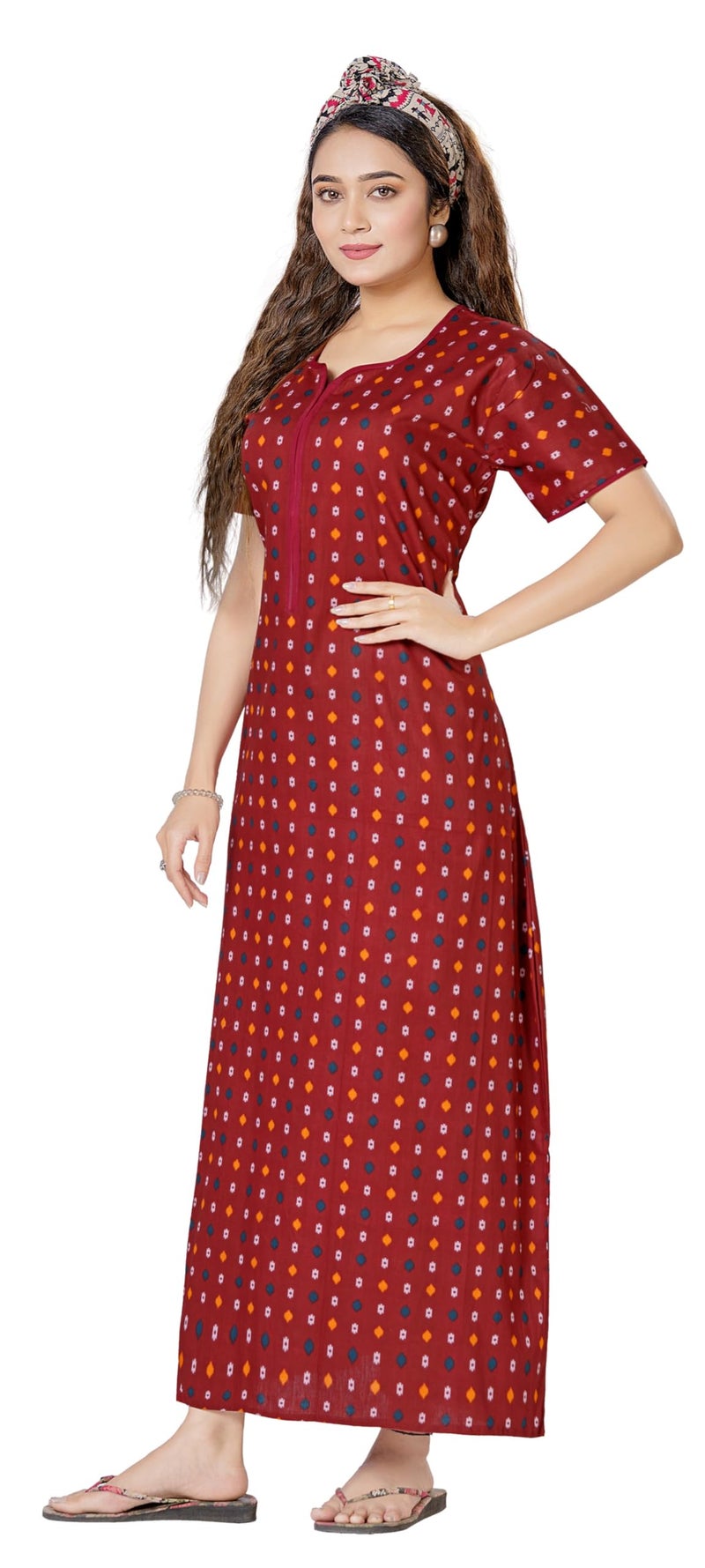WiWi Women's Cotton Printed Feeding Maternity Nighty Maroon - Image 4