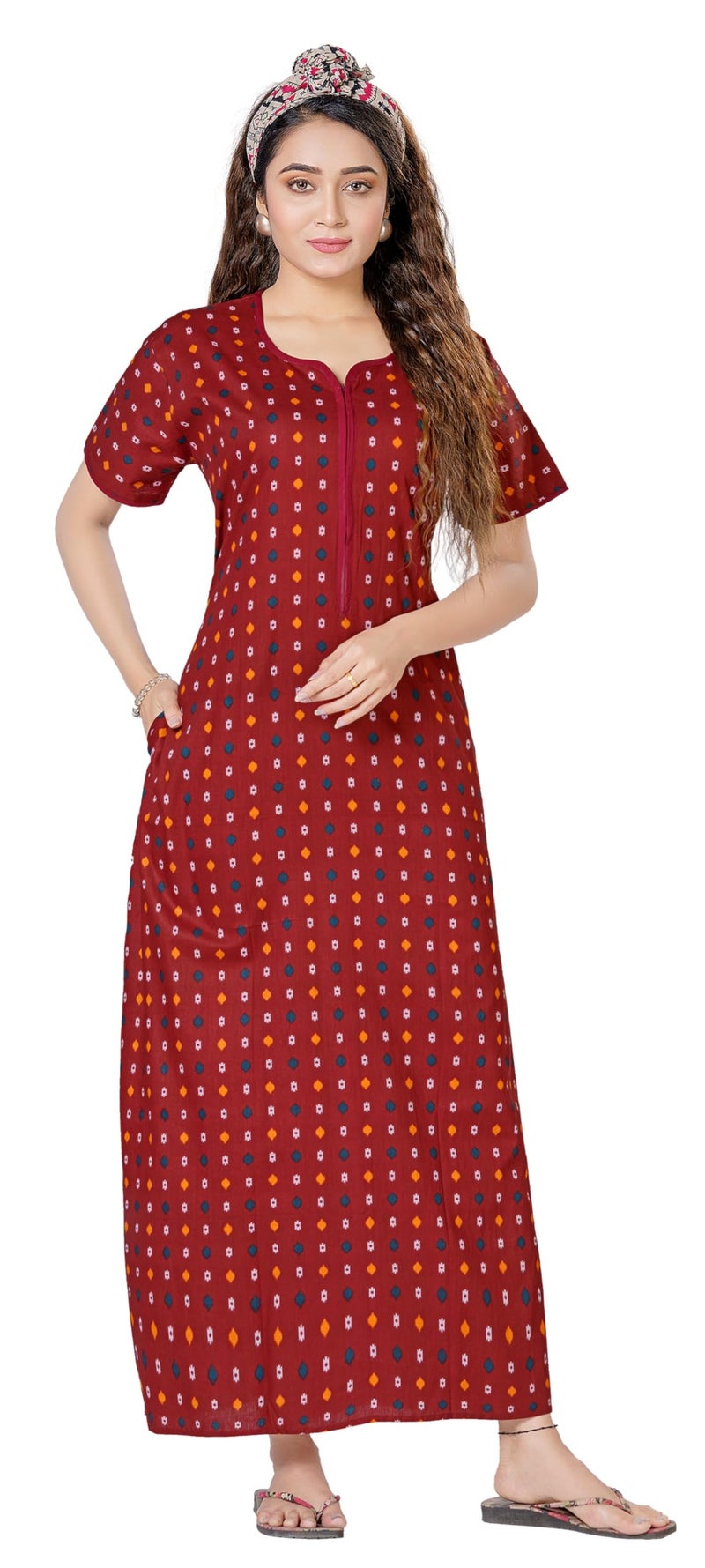 WiWi Women's Cotton Printed Feeding Maternity Nighty Maroon - Image 1