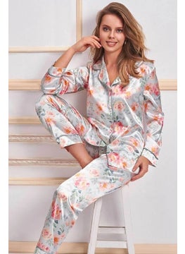 Nurteks 5654X Women's Large Size Satin Front Buttoned Long Sleeve Pajama Set - Mint 