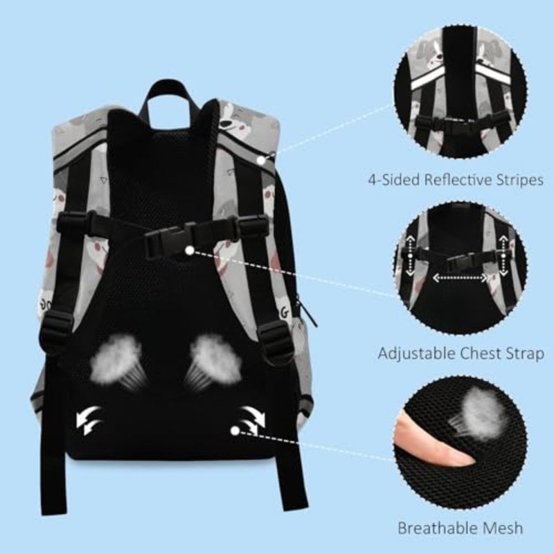 Cute Gray Dog Toddler Backpack 3-6 Years Mini Daypack with Reflective Strips Leash Backpack for School Travel Outdoor - Image 4